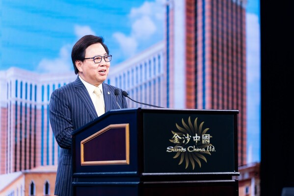 Sands China Ltd. President Dr. Wilfred Wong speaks Thursday at a press conference at The Londoner Macao, announcing the 2023 Sands Shopping Carnival.